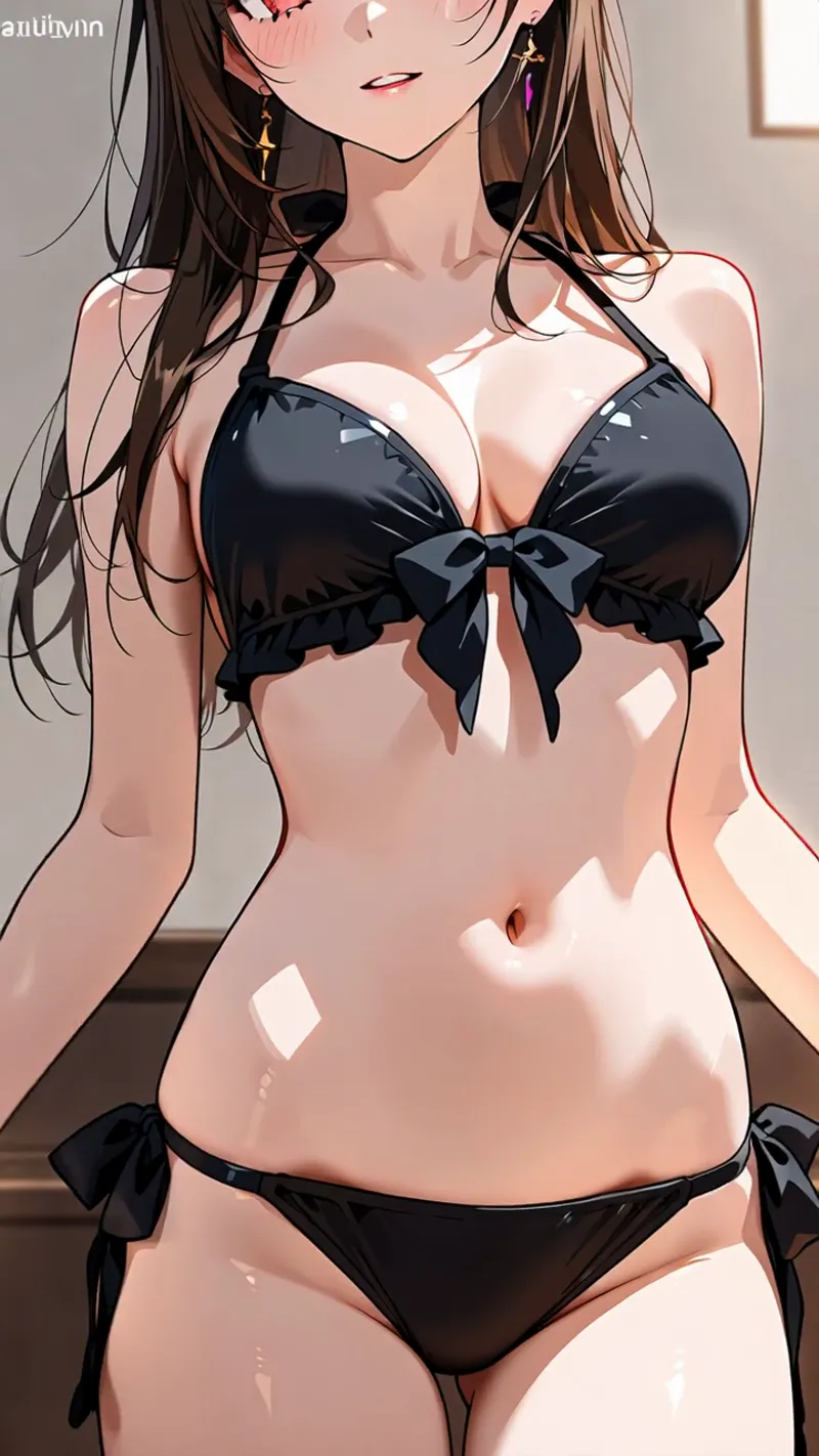 黒いリボンをあしらった水着を身に纏った長髪の少女。金色のクロスピアスと落ち着いた瞳の表情が印象的で、光と影の陰影を丁寧に描いた洗練されたアニメ調イラストです。