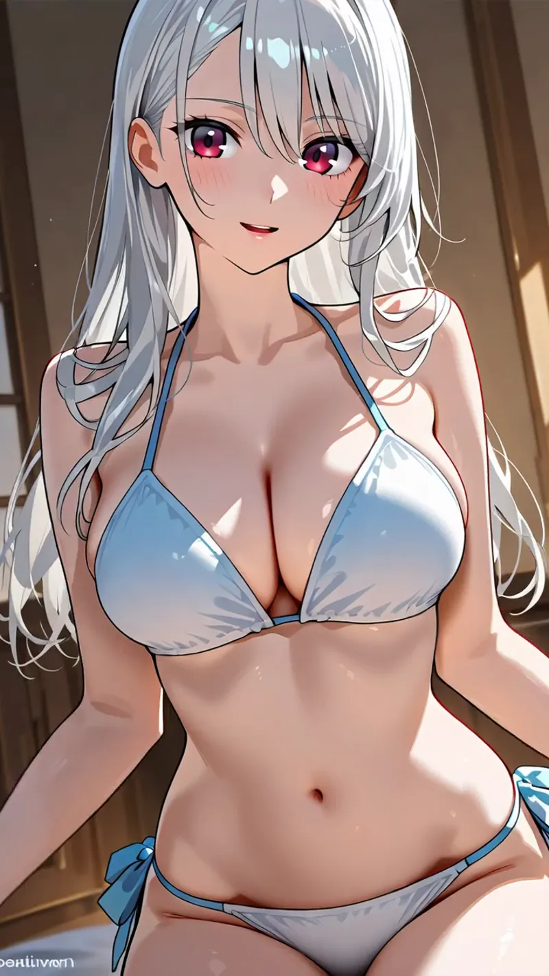 銀白色のロングヘアと深紅の瞳が印象的なアニメ調ポートレート。柔らかな陽光が肌に映り込み、落ち着いた室内背景とともに優雅な雰囲気を醸し出しています。