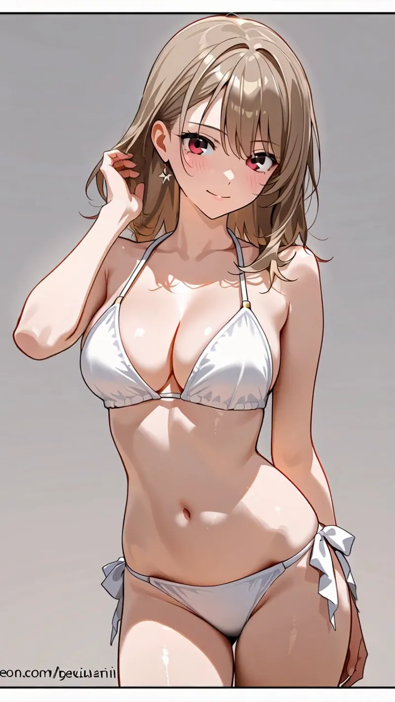 茶髪をかき上げる仕草が魅力的な、アニメ調のデジタルイラスト。淡いグレーの背景に映える白いビキニ姿で、柔らかな表情と上品な雰囲気を兼ね備えた作品です。
