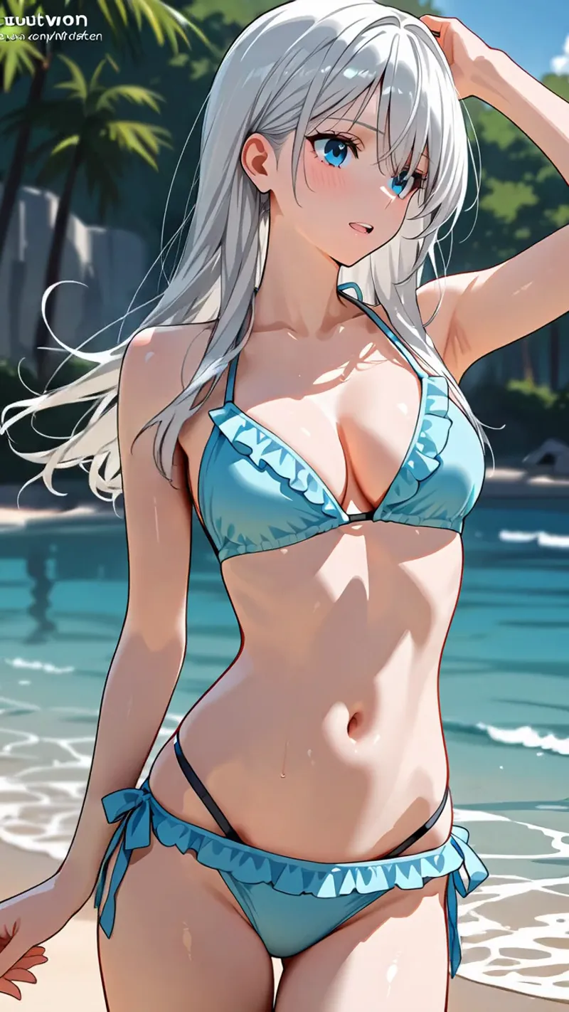 青いフリル付きビキニを身に纏った銀髪の美少女が、波打つ海辺で優雅に立つアニメ調イラスト。柔らかな日差しと南国の風景が活きた爽やかなリゾートシーンです。