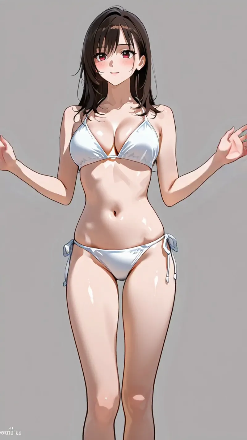 黒髪の美少女がグレーの背景で白いビキニ姿でリラックスした表情を浮かべています。アニメ調の柔らかいタッチで描かれた上品なポートレート作品です。