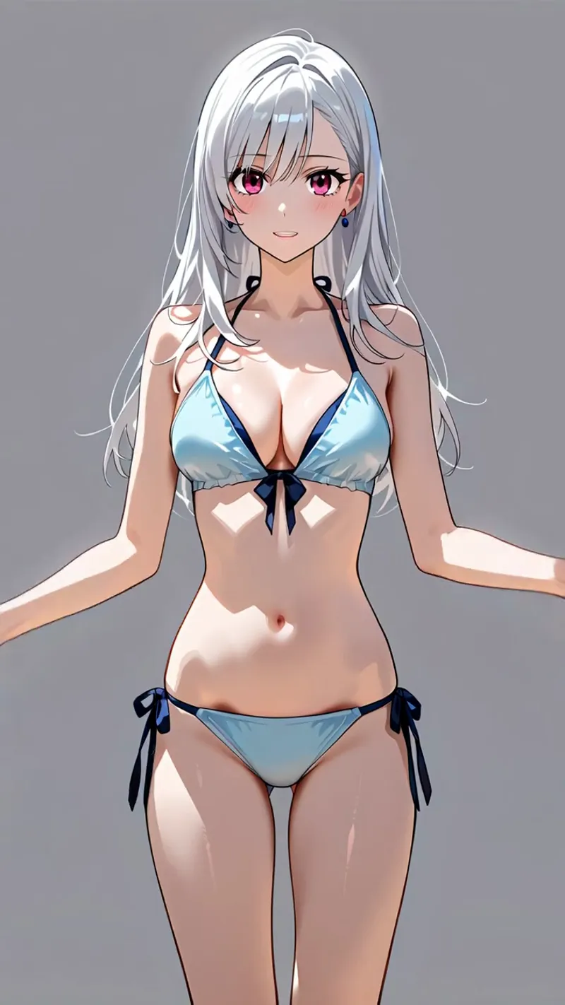 銀白色のロングヘアと深紅色の瞳が特徴的な美少女イラスト。淡いブルーのビキニを身に纏い、柔らかな陰影で立体的に描かれた肌が優雅さを引き出しています。グレー背景のシンプルな構図で、清涼感あふれる夏のポートレートです。
