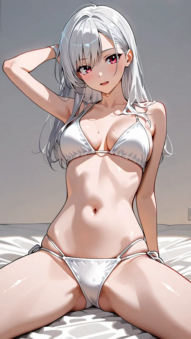 銀色に輝く長い髪と赤紫の瞳が特徴的な美少女のアニメ調イラスト。白い衣装と落ち着いた背景で描かれた、優雅で柔らかな表情のポートレート作品です。