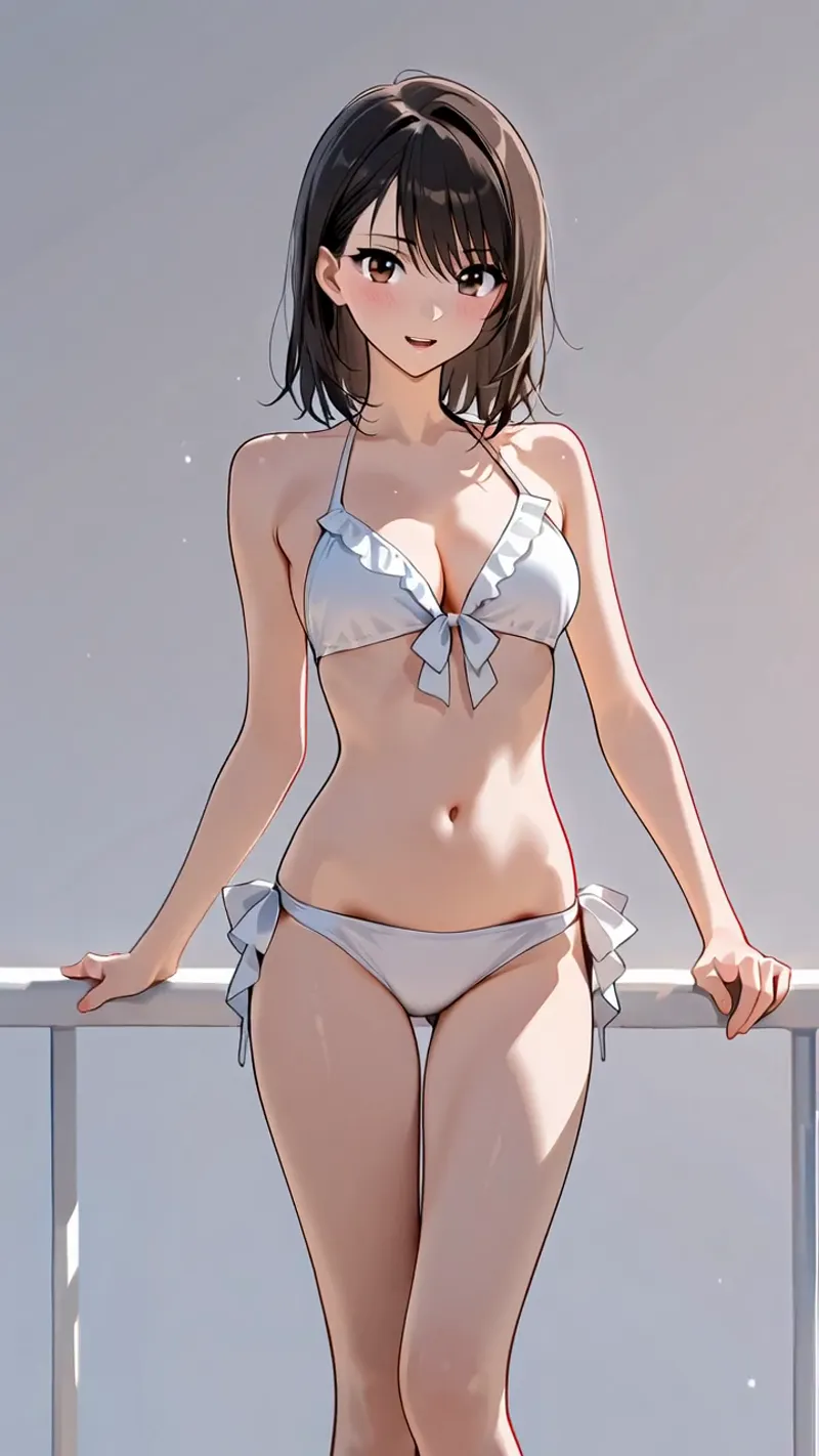 黒いボブヘアと優しい眼差しが特徴の美少女が、白とグレーのリボン付きトップスを着用したアニメイラスト。柔らかい表情と自然な肌色表現で親しみやすい雰囲気に仕上がっています。