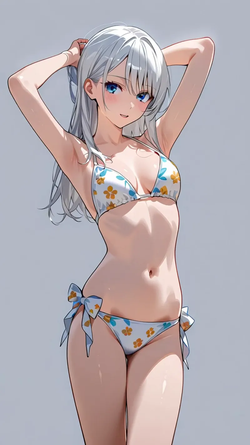透き通るような銀色の長髪と青い瞳が印象的な美少女のポートレートです。爽やかなフラワープリント柄の水着姿で、柔らかな表情と自然な仕草が魅力的に描かれています。