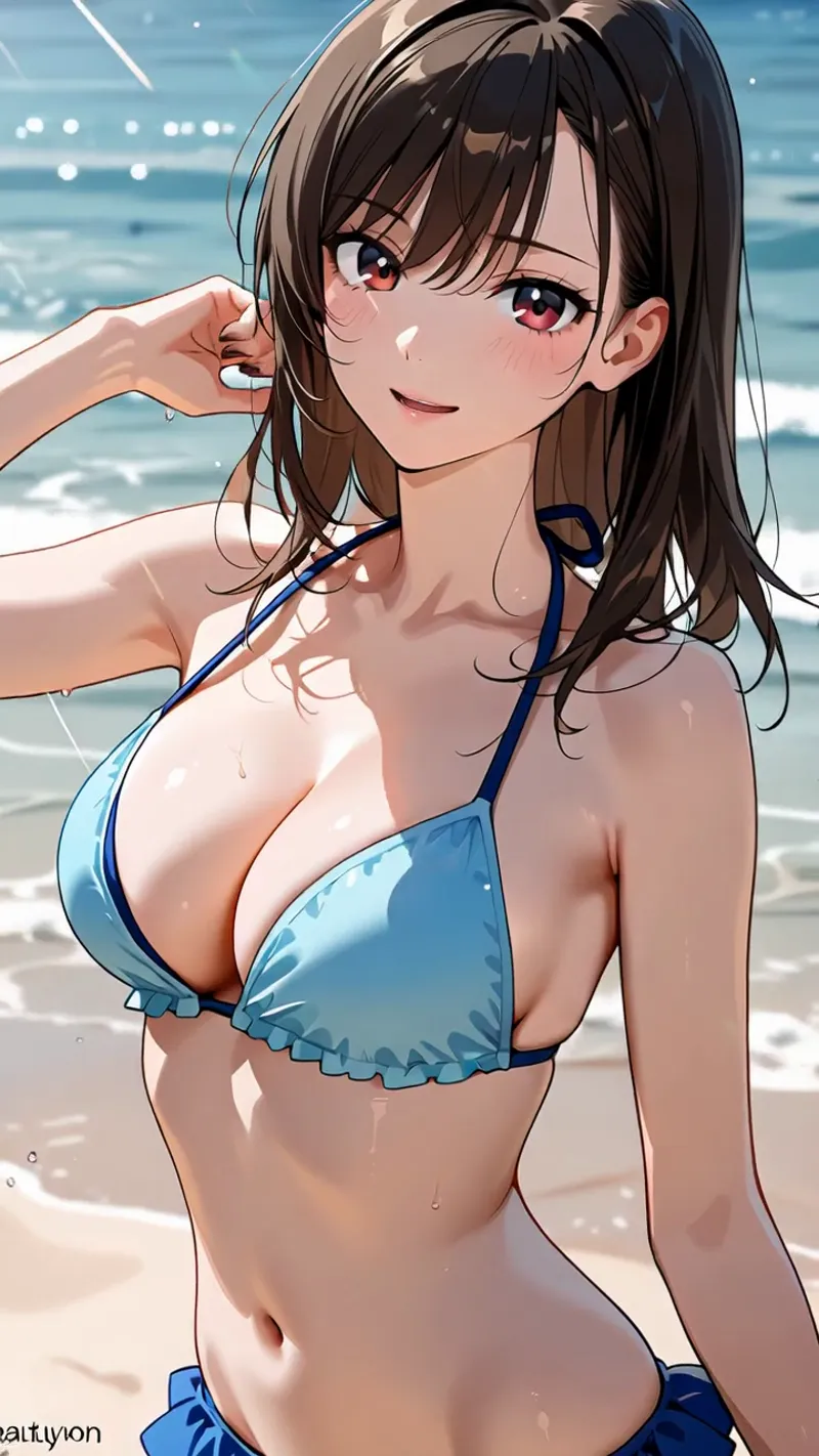 青い海を背景に、茶髪をなびかせた少女が優しい笑顔を浮かべるアニメ調イラスト。青いビキニ姿で夏の日差しを浴びながら、爽やかな表情が印象的です。