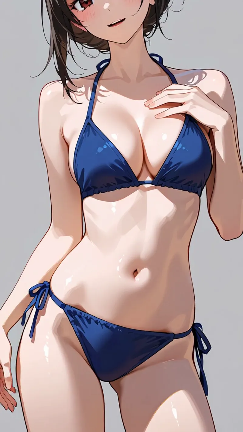紺のビキニ水着を身に着けた黒髪の美少女イラスト。柔らかな陰影と光の表現で立体感を出した、アニメ調の上品なポートレート作品です。