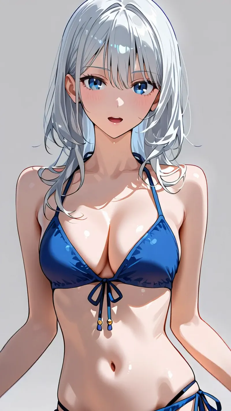 透き通るような瞳と柔らかい銀髪が特徴の美少女が、濃紺のビキニで正面を向いています。肌の質感を丁寧に描き出したアニメ調イラストです。