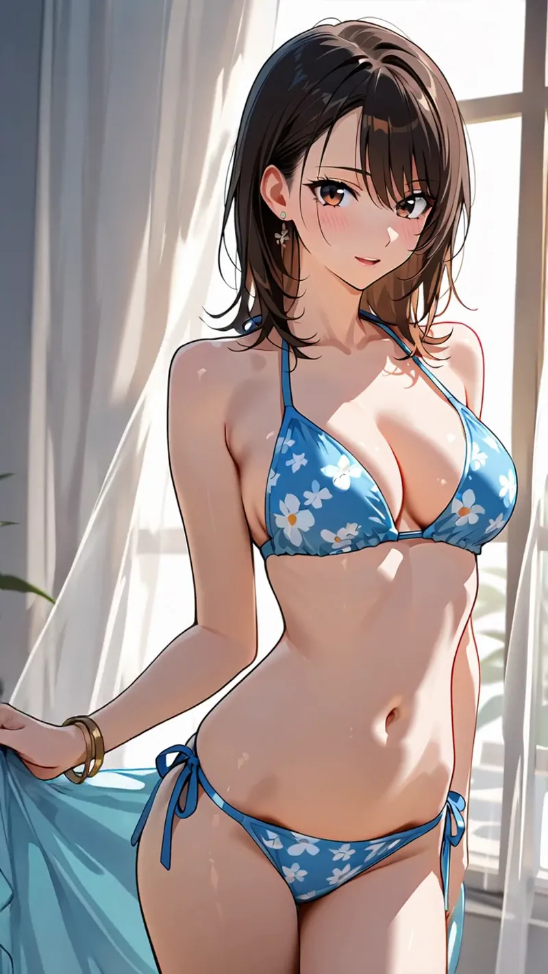 青い花柄のビキニを身につけた黒髪の少女が、窓からの柔らかな光が差し込む室内で微笑む姿を描いたアニメ調イラスト。上品な表情と優雅な立ち姿が印象的です。