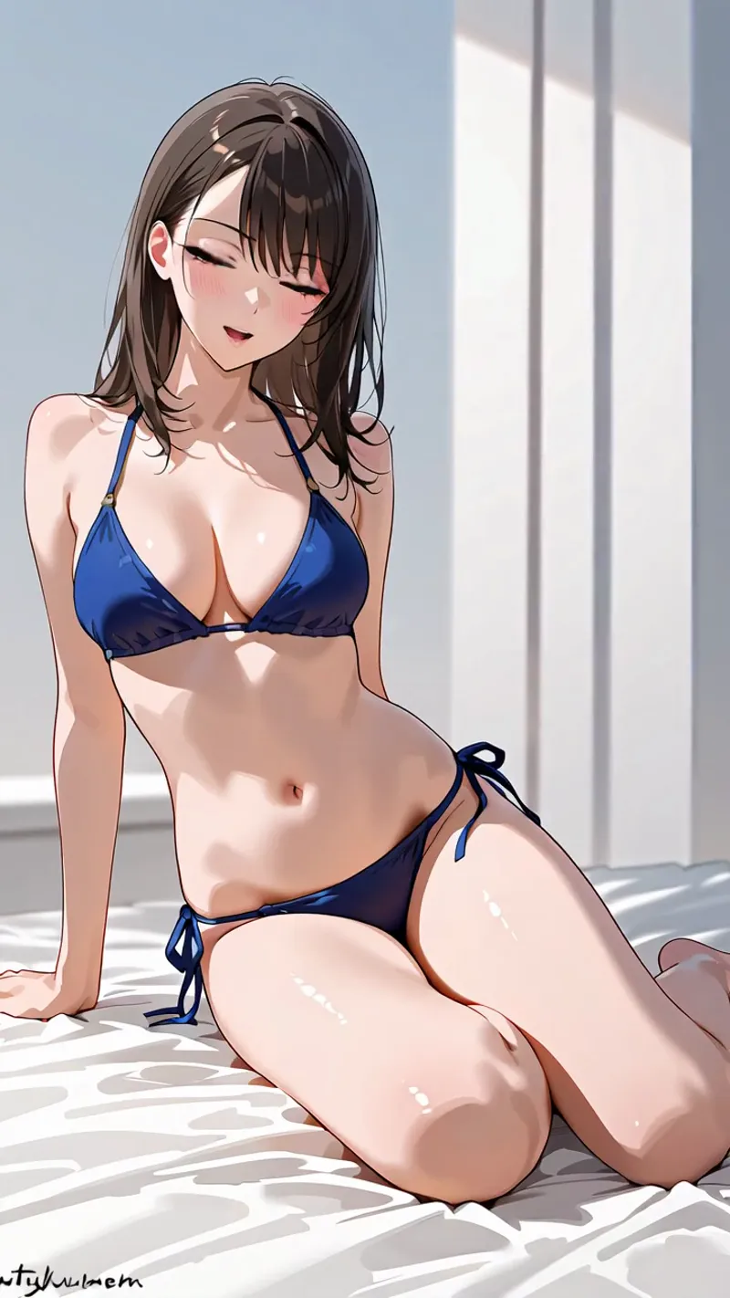 濃紺のビキニを身に纏い、明るい窓辺で微笑む美少女のアニメ調イラスト。柔らかい光が肌を優しく照らし、黒髪のロングヘアが優雅に流れる涼やかな夏のイメージです。
