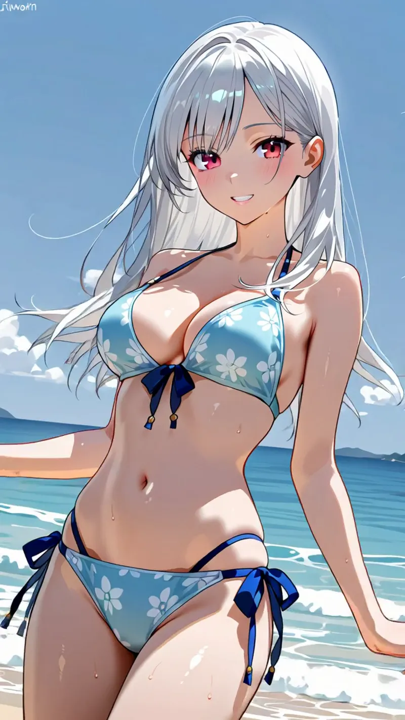 爽やかな水色の花柄ビキニを身につけた白髪の美少女が、青い海と空を背景にした浜辺で微笑む。赤紫色の瞳とアニメ調の優美な顔立ちが特徴で、波打ち際の光に照らされた夏のシーンです。