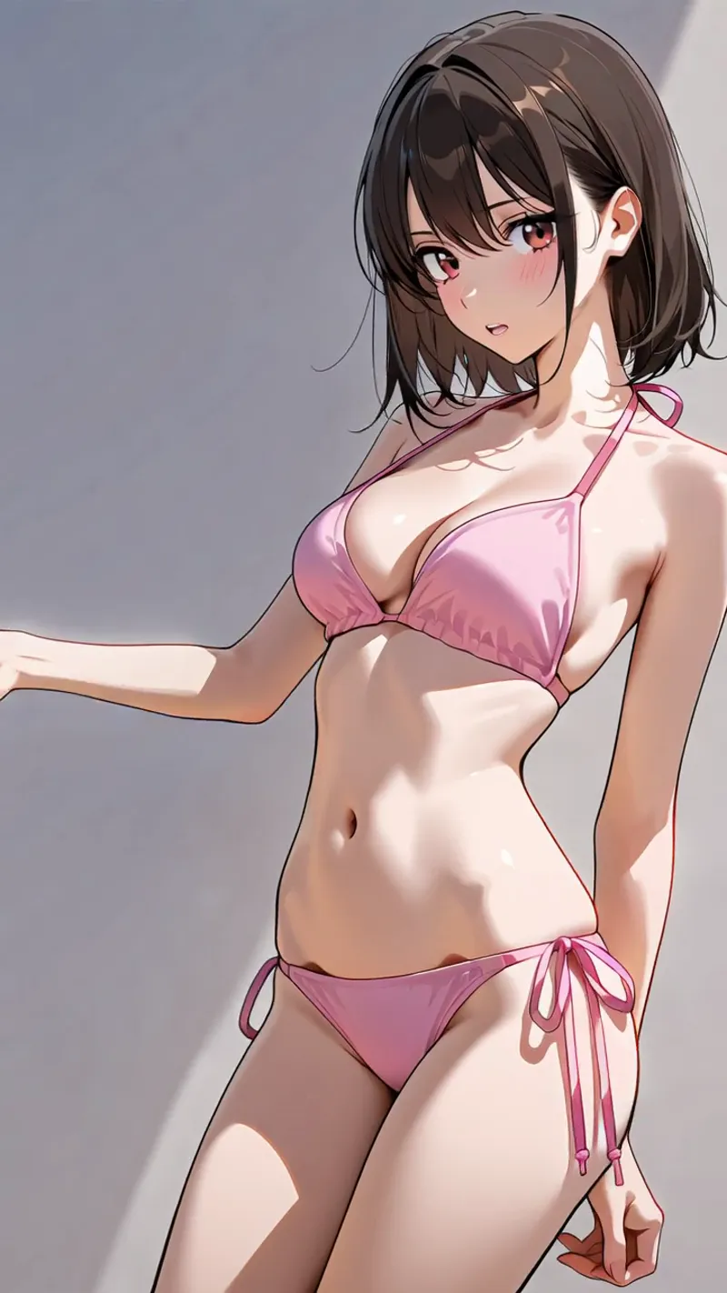 黒髪のボブヘアに赤い瞳が特徴的な美少女イラスト。ピンク色のビキニを着た横向きのポーズで、柔らかなグレー背景に映える優雅な立ち姿です。