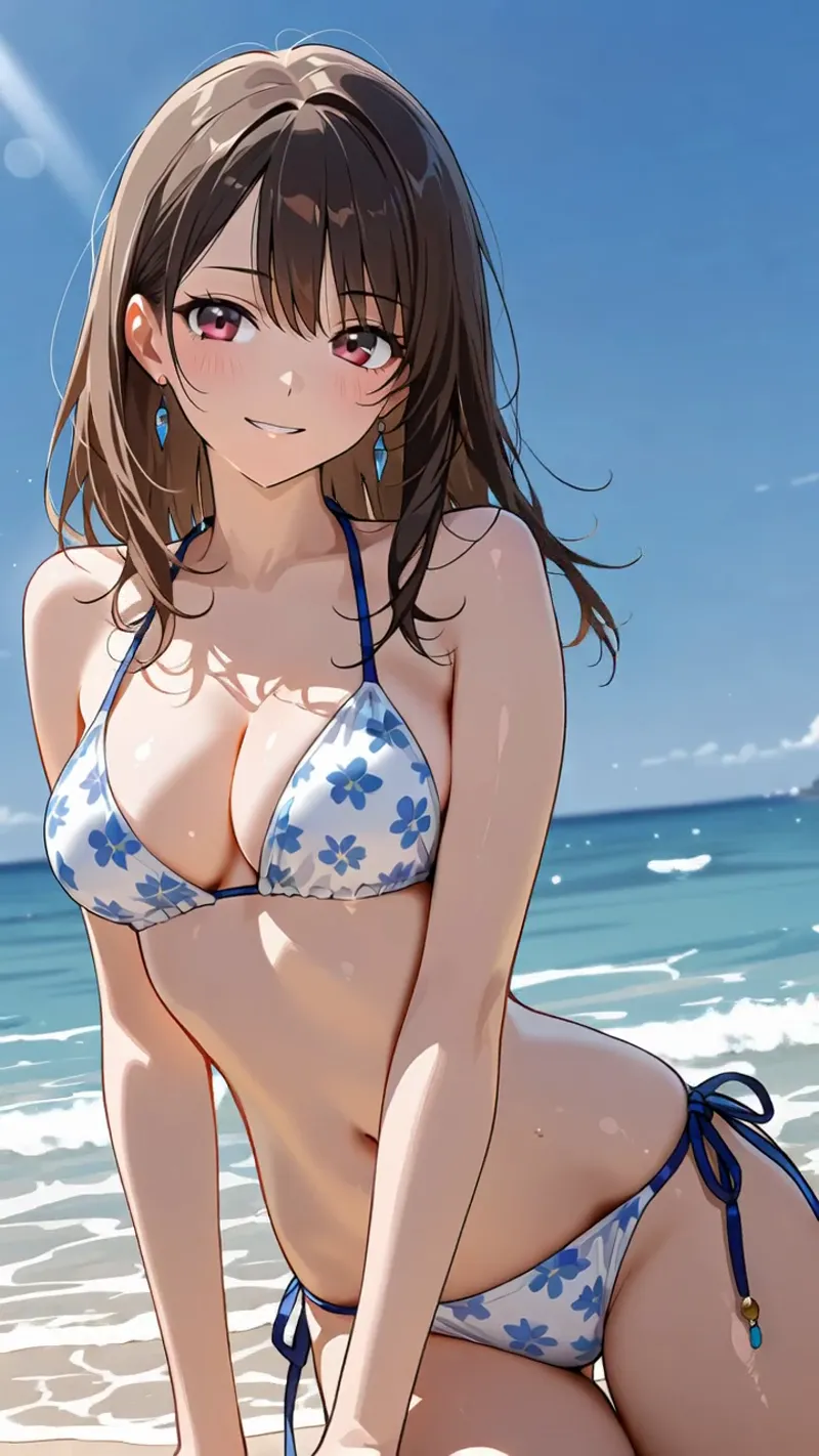 きらめく青空と波打つ海を背景に、ピンク色の瞳と黒髪の美少女が優雅に佇むアニメ調イラスト。青い花々があしらわれたビキニと青いピアスが爽やかな夏の雰囲気を演出しています。