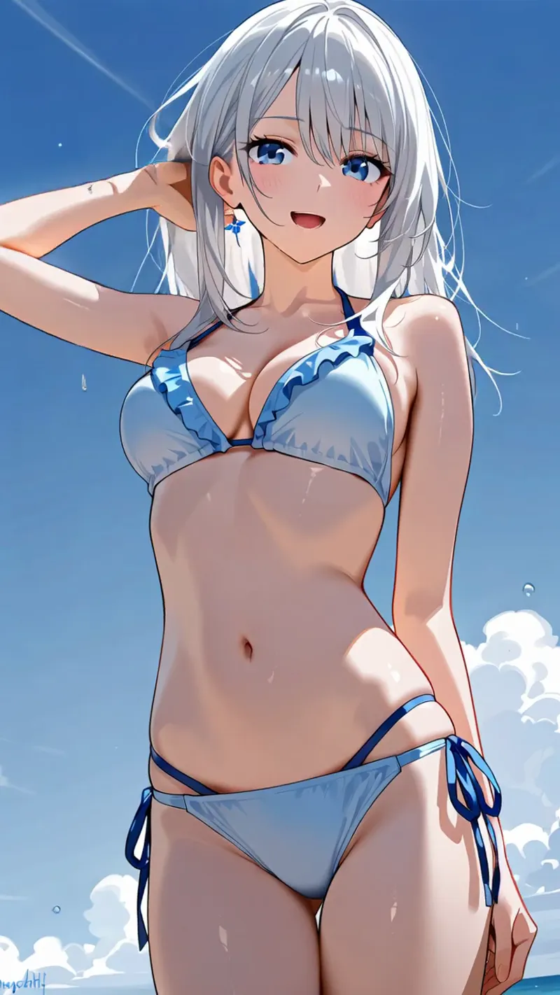 澄んだ青い瞳と銀白色の髪が印象的な美少女が、青空を背景に爽やかな笑顔を見せるアニメ調イラストです。白と青のカラーリングで統一された夏らしい装いが、晴れ渡った空との調和を引き出しています。