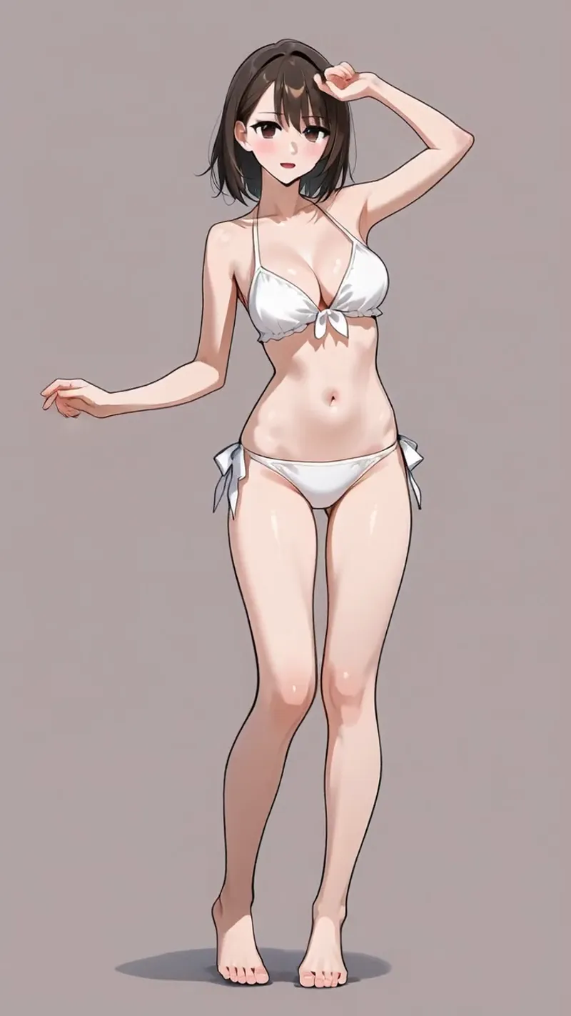 黒髪ショートボブの少女が白いビキニ姿でグレーバックに佇むアニメ調イラストです。髪に手を添えた自然なポーズと柔らかい色彩表現が特徴です。