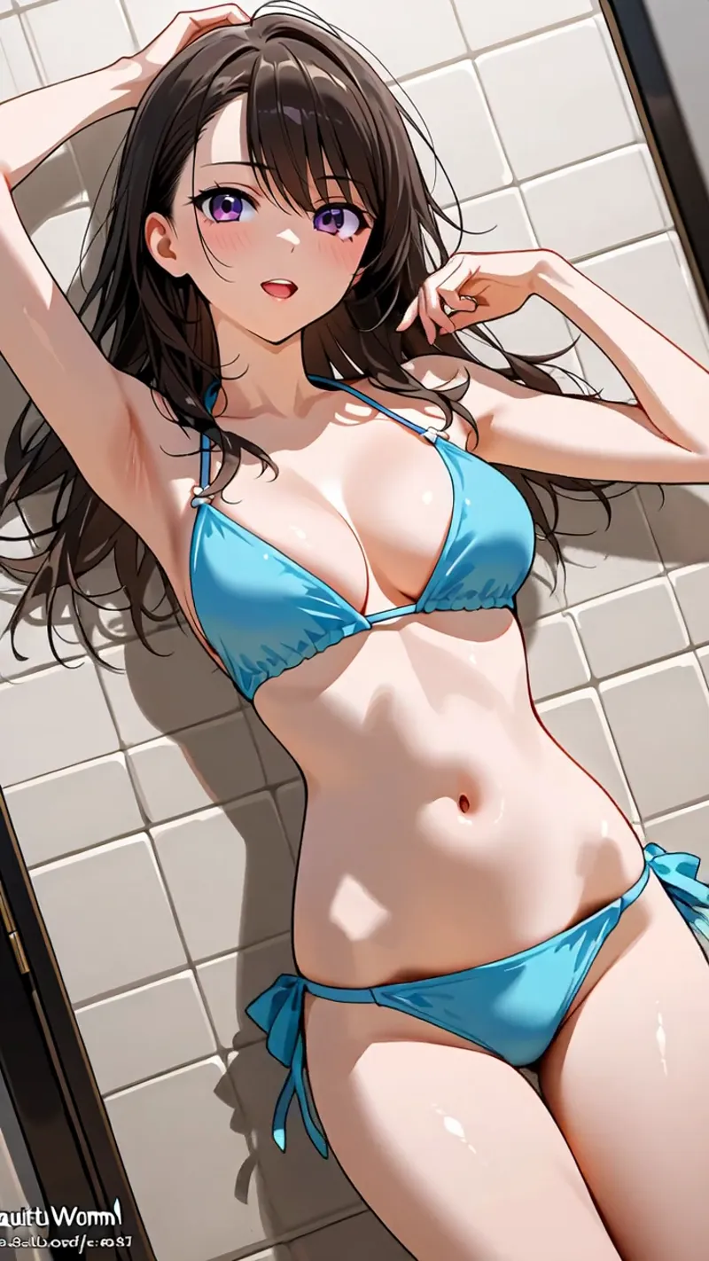 黒髪ショートボブと紫色の瞳が印象的な女性が、白いタイル背景の前で艶やかなポーズを取るアニメ調イラストです。青いビキニスタイルの衣装と爽やかな表情が夏らしい魅力を引き出しています。