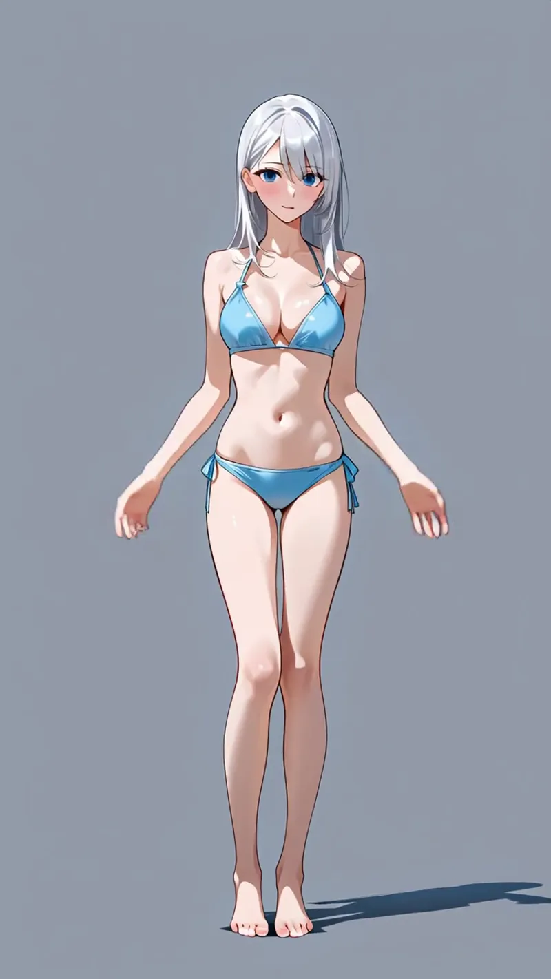 清涼感あふれるブルーのビキニを身に纏った銀髪の少女のポートレートイラストです。落ち着いた灰色背景に立つ姿は、アニメ調の透明感ある描写で表現されています。