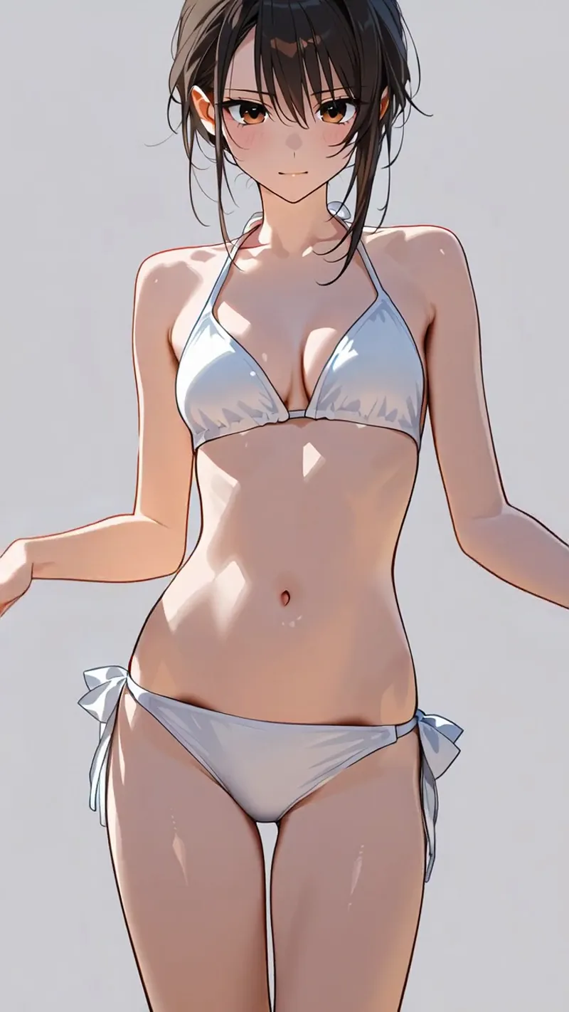 白と薄紫のビキニを着た黒髪の美少女が、穏やかな表情で正面を向くポートレート作品です。柔らかい光が肌を照らす、洗練されたアニメ調イラストになっています。
