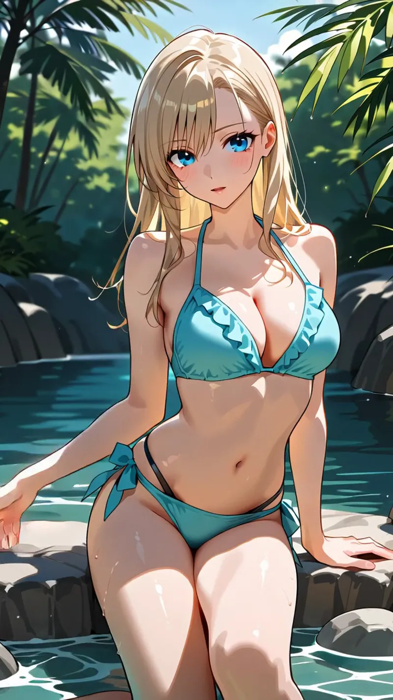青いビキニを身に纏い、翠緑のヤシの木に囲まれたプールサイドで佇む少女。澄んだ青い瞳が印象的で、柔らかな金髪が日光に映える爽やかな夏のイラストです。