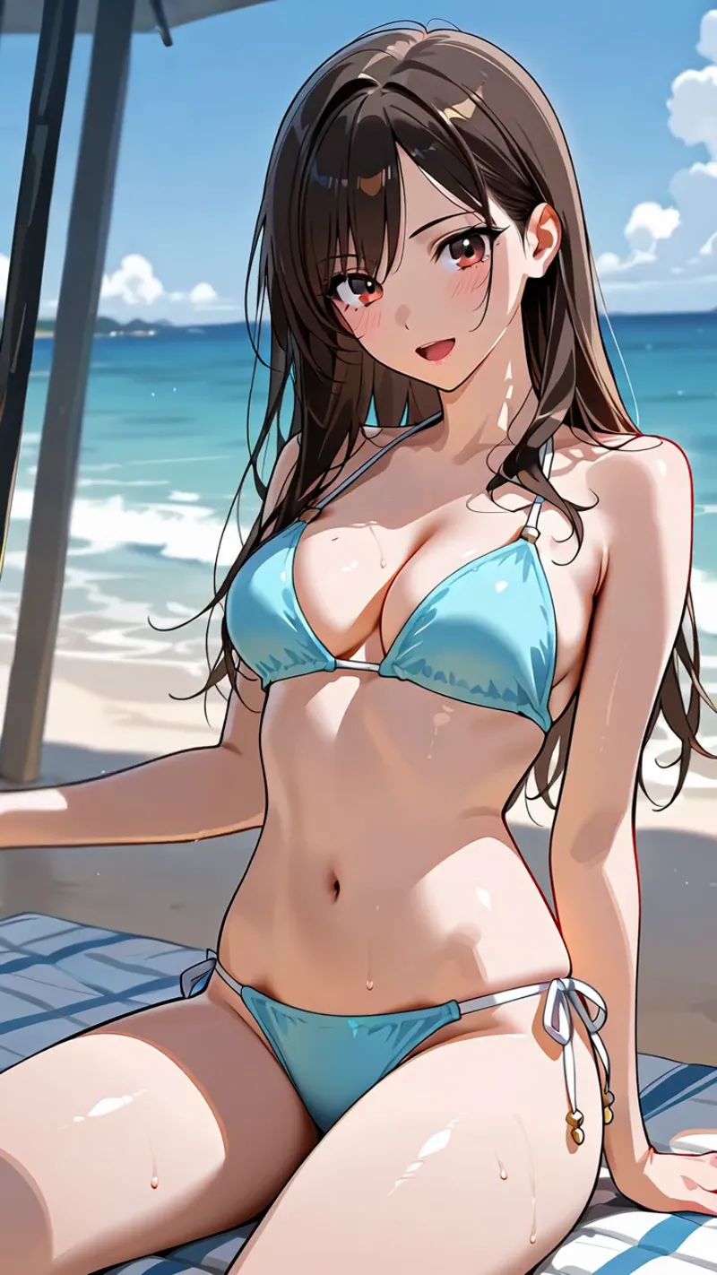 晴れた海辺でくつろぐ女性を描いたアニメ調イラストです。青い空と穏やかな海を背景に、落ち着いた表情で佇む姿が印象的。柔らかい日差しと自然な色彩表現が特徴です。