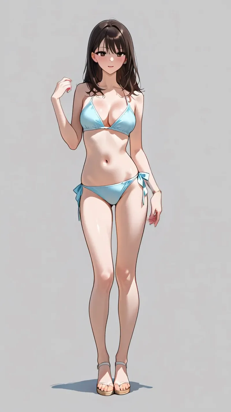 黒髪ロングで清涼感あふれる表情の美少女が、水色のビキニ姿で全身ポーズをとるアニメ調イラスト。グレーの背景で浮き立つ肌色と衣装の色合いが優雅です。