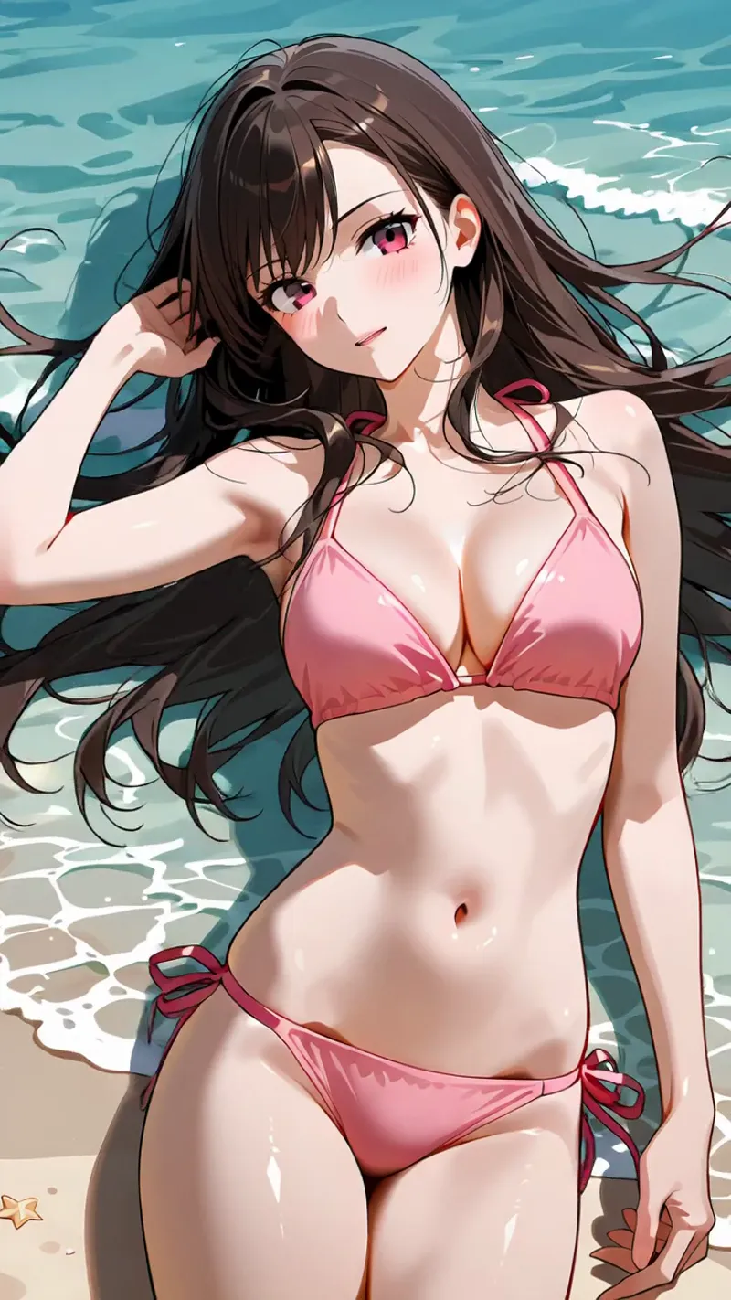 澄んだ海を背景に、黒髪を優雅に揺らめかせながら微笑む美少女のポートレートです。ピンク色の水着姿で、波打ち際の浜辺で穏やかな表情を浮かべています。