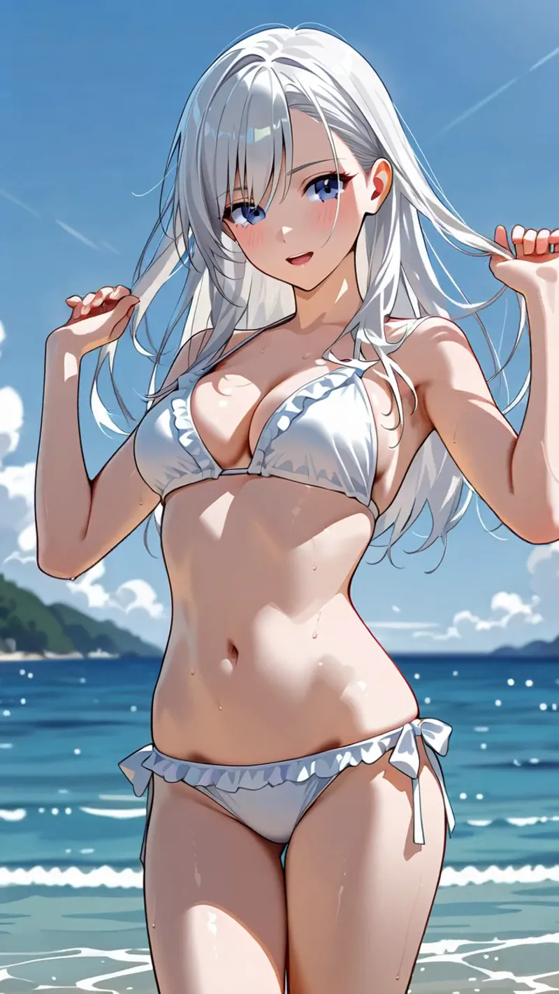 青い海と空を背景に、銀色の長髪をなびかせる美少女のイラスト。爽やかな笑顔と明るい表情が印象的で、海辺のリゾートの雰囲気を穏やかに表現しています。