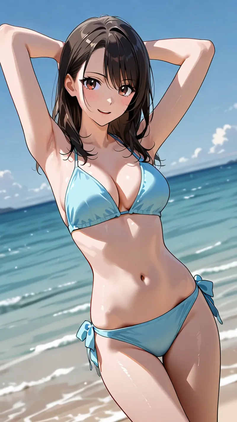 澄んだ空と海を背景に、黒髪の少女がリラックスした表情で髪を整えるポーズを取るアニメ調イラスト。青のビキニと爽やかな夏の雰囲気が印象的です。