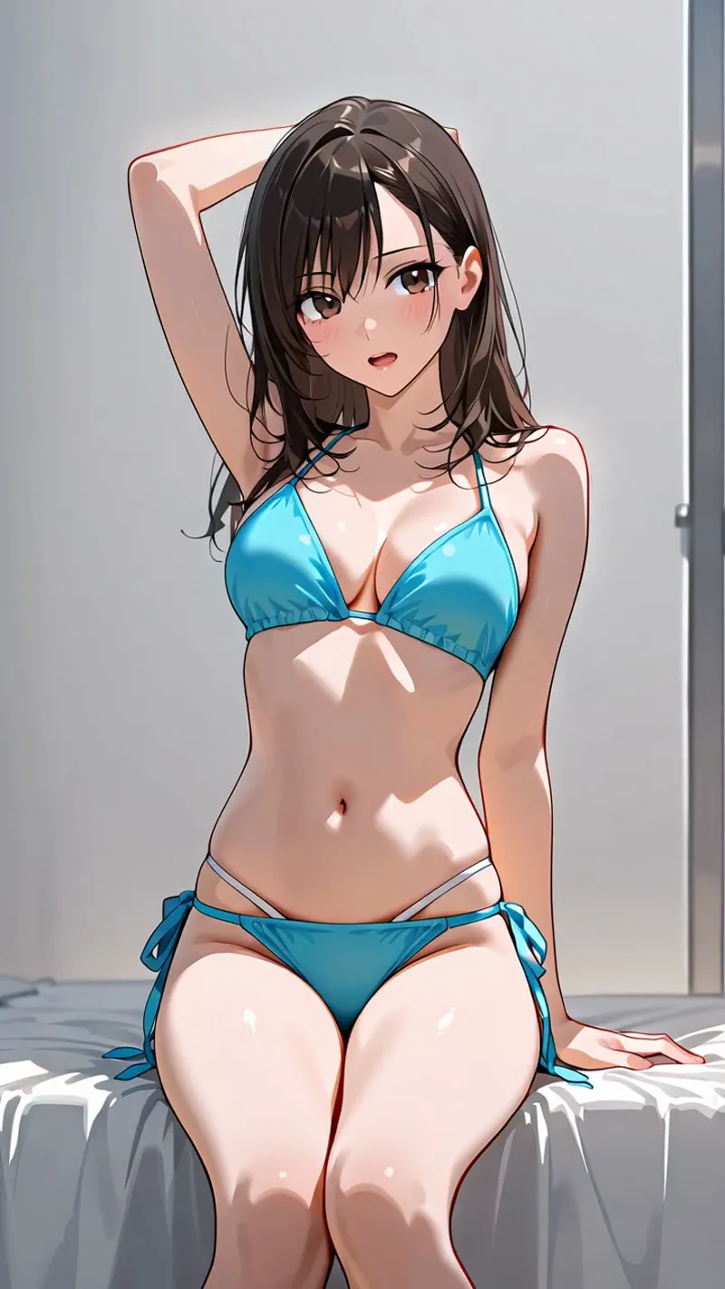 黒く長い髪を優雅に流した美少女が、青いビキニ姿で腕を上げた魅力的なポーズを見せています。明るい室内背景に映る柔らかい陰影が、アニメ調イラストの美しさを引き立てる一枚です。