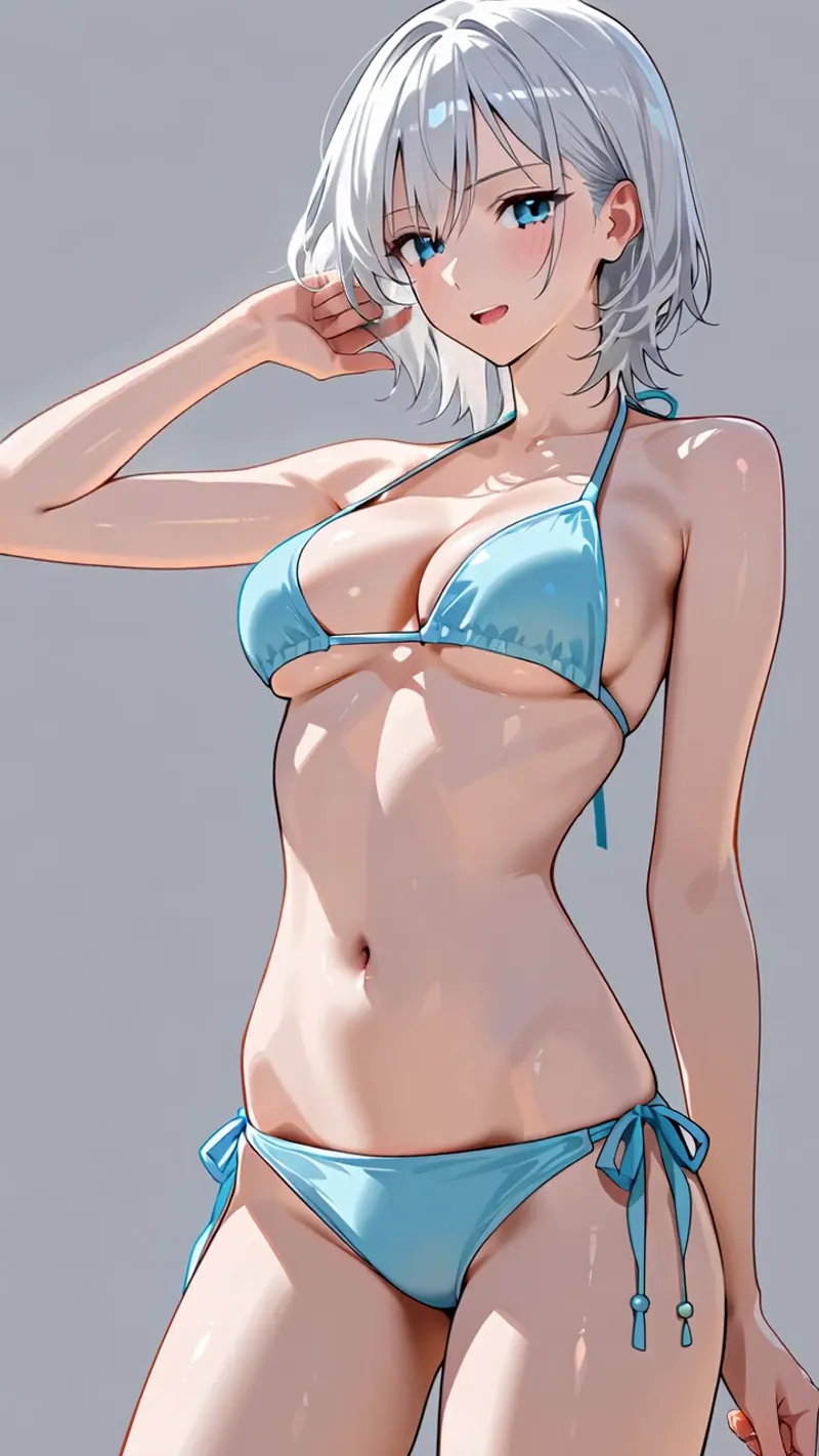 白髪のショートヘアに青い瞳が印象的な美少女イラストです。爽やかな水色のビキニを身にまとい、柔らかな照明の中で自信に満ちた表情で微笑んでいます。