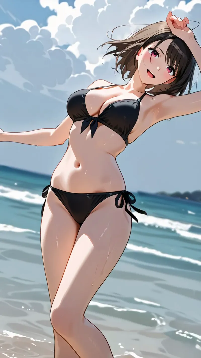 爽やかな青空と白い雲が広がるビーチで、黒いビキニを身に纏った女性が両腕を広げてリラックスしている一枚です。波打ち際での開放的なポートレートイラストです。