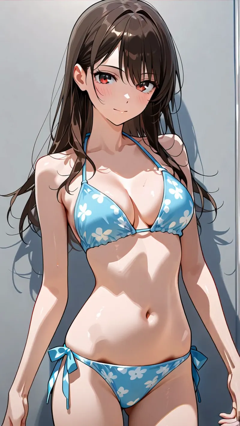 深紅の瞳が印象的な黒髪ロングの少女が、白い花柄が入った青いビキニで微笑む。柔らかな陰影とグラデーション背景が立体的な魅力を引き出したアニメ調イラストです。