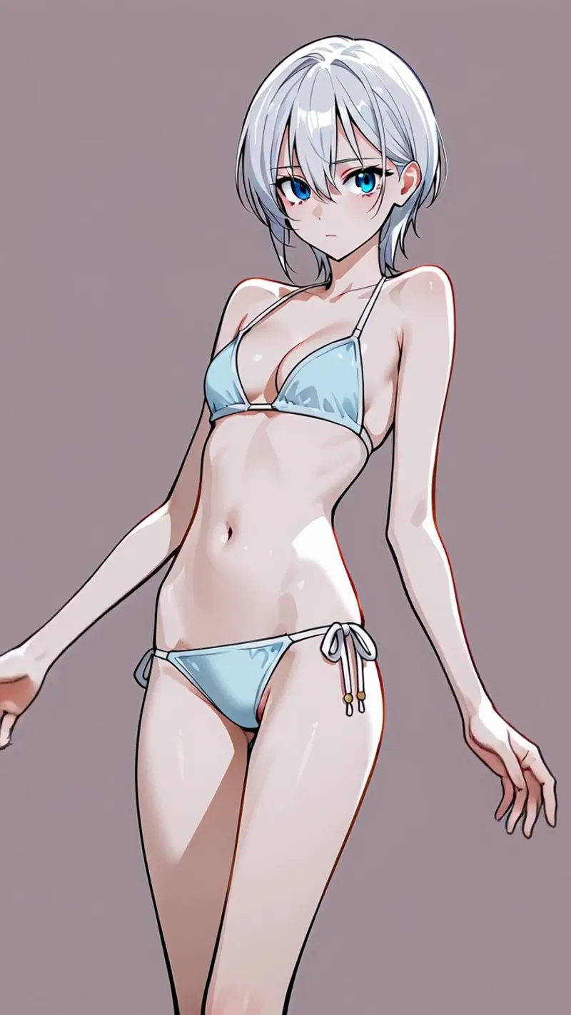 明るい青い瞳と銀白色のショートヘアが印象的な美少女アニメ調イラスト。落ち着きのある紫灰色背景に、青いビキニ姿で優美な立ち姿を見せる洗練されたポートレート作品です。