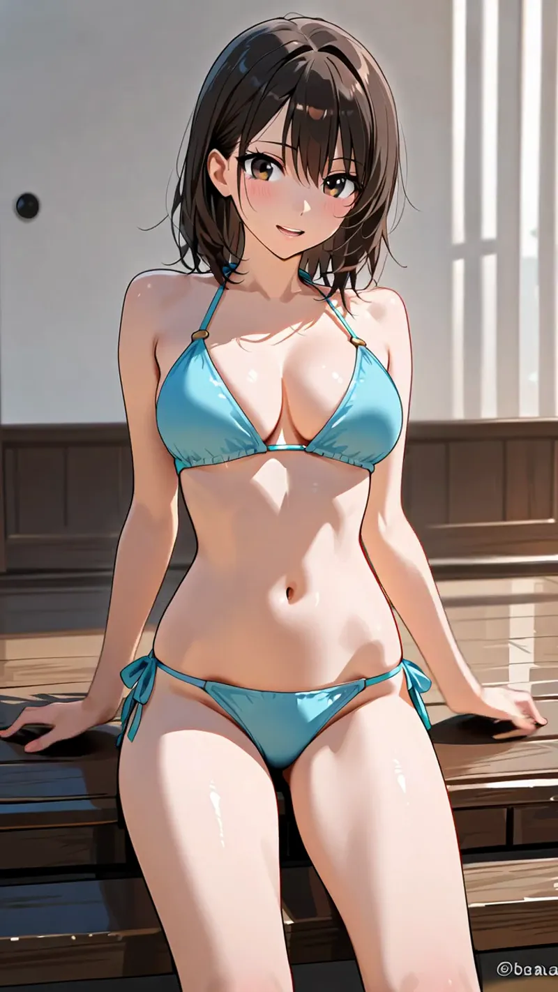 明るい室内で青いビキニを身に纏った黒髪ショートの美少女が、柔らかい表情で佇むアニメ調イラストです。窓からの自然光が肌を優しく照らし、床の木目模様と深い影が立体感を演出しています。