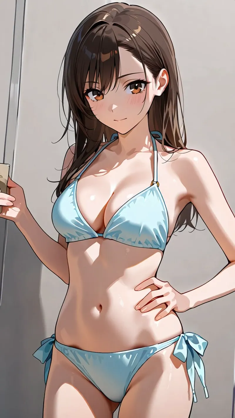 茶色くウェーブした髪と柔らかい表情が特徴の美少女イラスト。爽やかな青色の水着を身に纏い、自然な姿勢で微笑む表現が印象的です。光の当たり方が立体感を引き出した、高品質なデジタルアート作品。