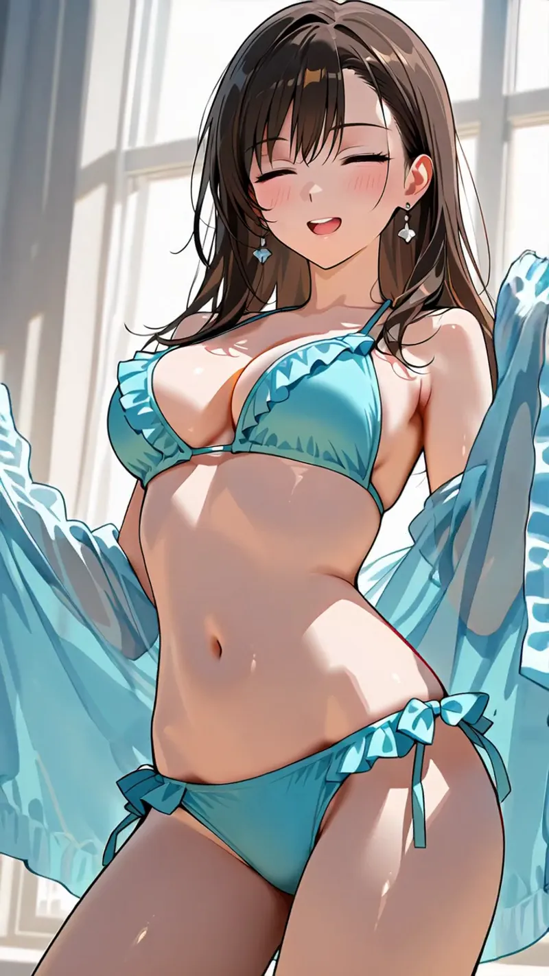 明るい窓からの光が差し込む室内で、青いリボン装飾の水着を着た褐色肌の美少女が幸せそうに微笑んでいます。透き通るようなシフォン素材の羽衣が光に揺らぎ、夏らしい涼しげな雰囲気が漂う一枚です。