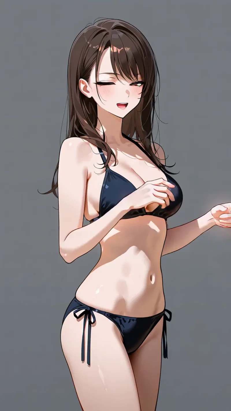 長めの黒髪が優雅に流れる美少女のアニメ調イラストです。紺色のビキニを身に纏い、穏やかな表情で横向きに立つ姿が、グレーの背景に映えます。