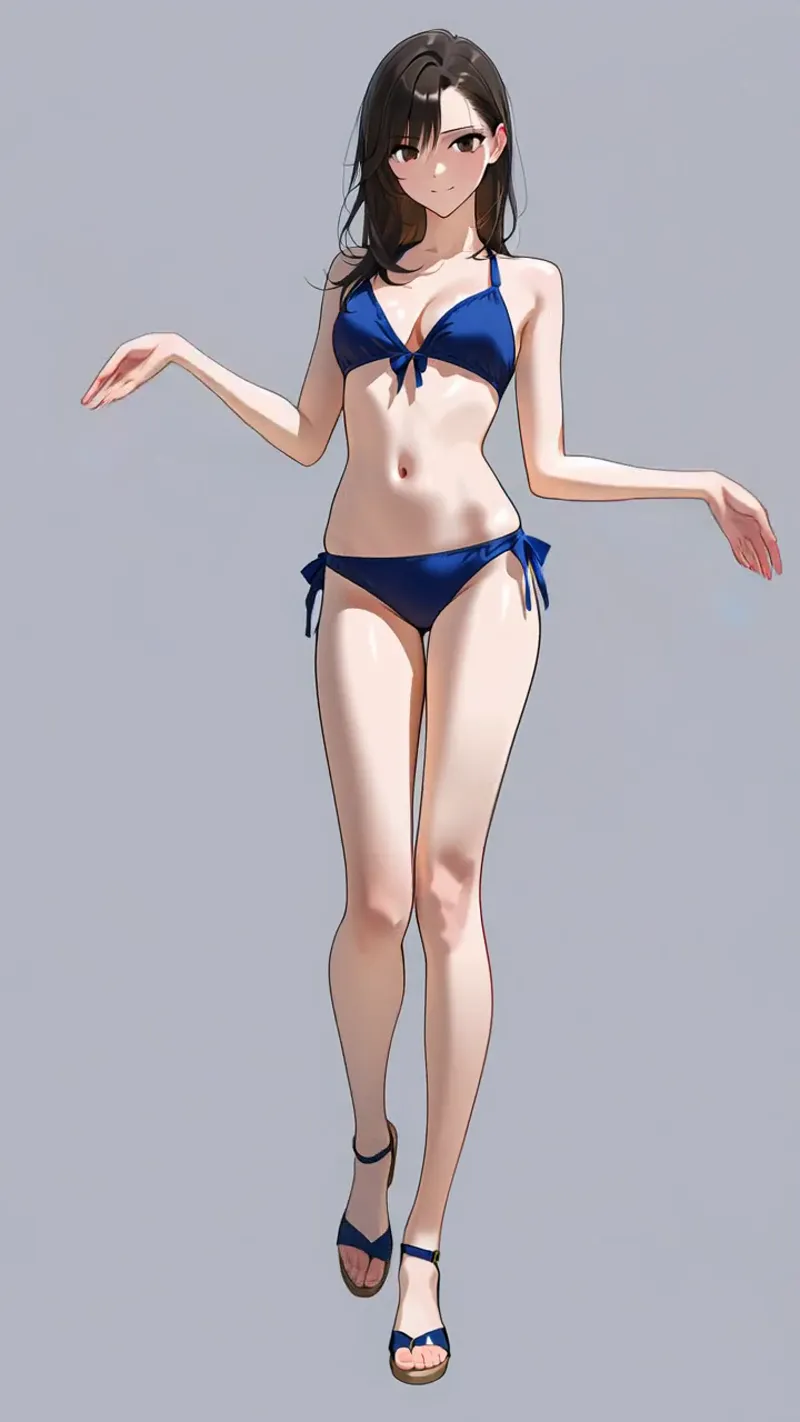 黒髪ロングヘアの美少女がグレー背景で優雅に佇むアニメ調イラスト。紺色のビキニと黒いサンダルを合わせた夏らしい装いで、落ち着いた表情と自然なポーズが印象的です。