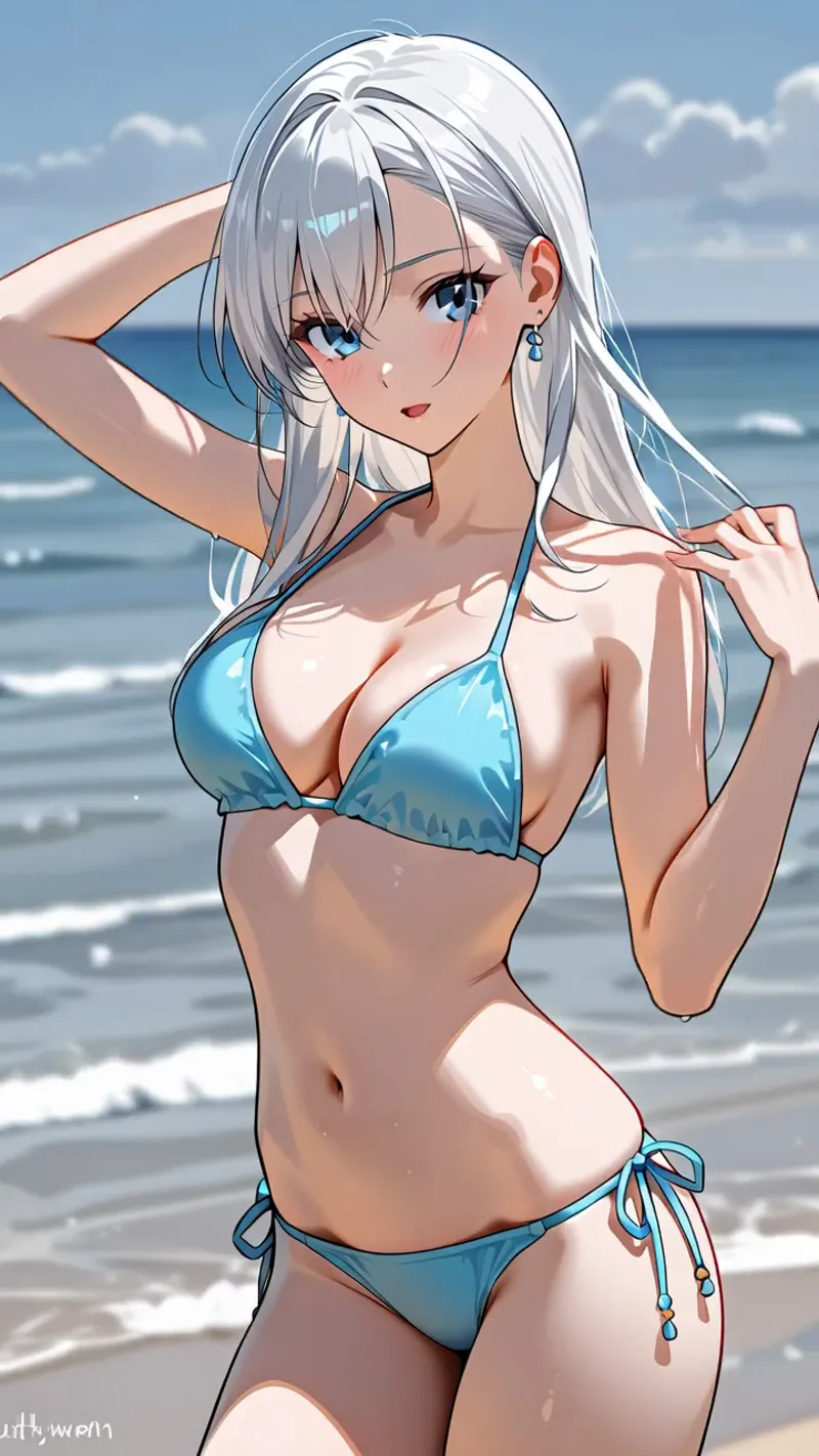 青い海と白い砂浜を背景に、銀色の長髪をポニーテールにまとめた美少女が、爽やかなブルーのビキニ姿で優雅に立つアニメ調のイラスト。柔らかな日差しが肌に映える夏のビーチシーン。