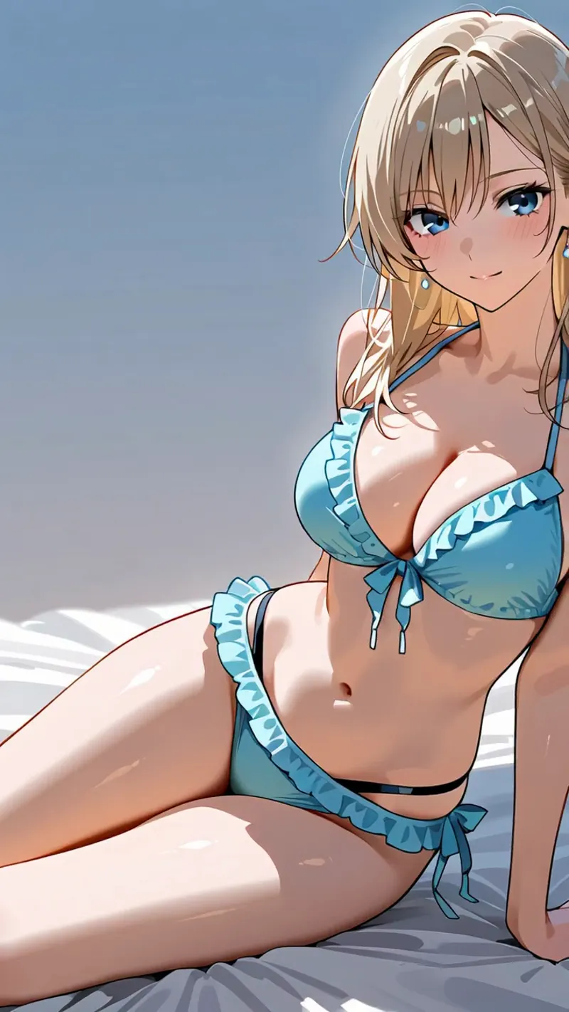 澄んだ青い瞳と白い髪が印象的な美少女が、青いフリル装飾の水着姿で夏の日差しの中にいる様子を描いたアニメ調イラストです。明るい背景と優しい表情が調和した爽やかな一枚です。