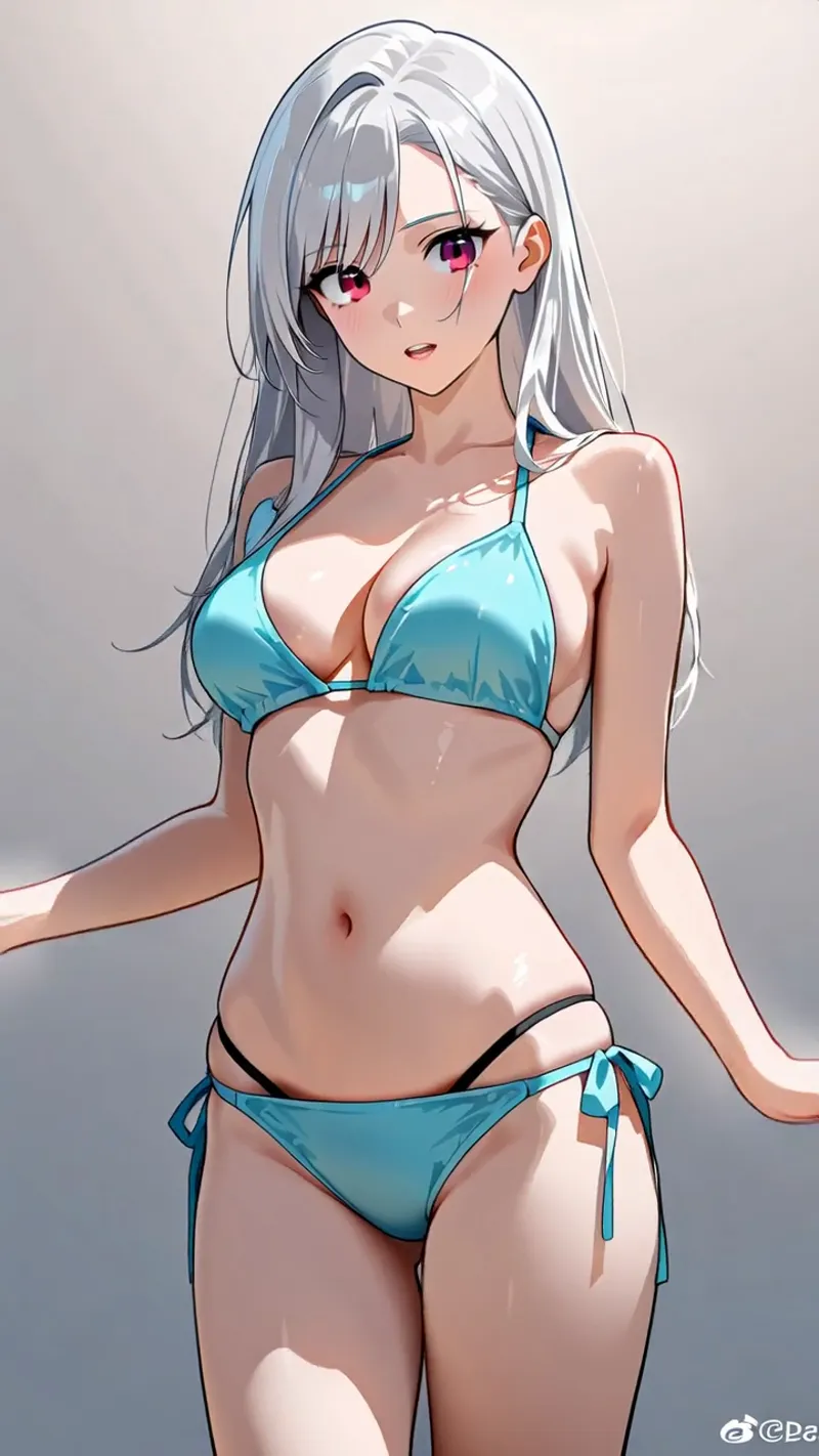 銀色の長い髪と紅紫色の瞳が印象的な美少女のアニメ調イラストです。爽やかな水色のビキニを身につけた夏らしい装い。柔らかい光が肌に当たる明るい描写です。