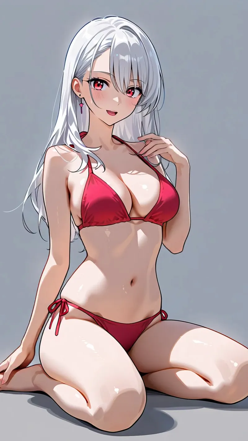 銀色の長い髪と赤い瞳を持つアニメ調の美少女が、柔らかいグレー背景の前で微笑む上品なポートレート。赤と白の色彩が印象的なイラストです。