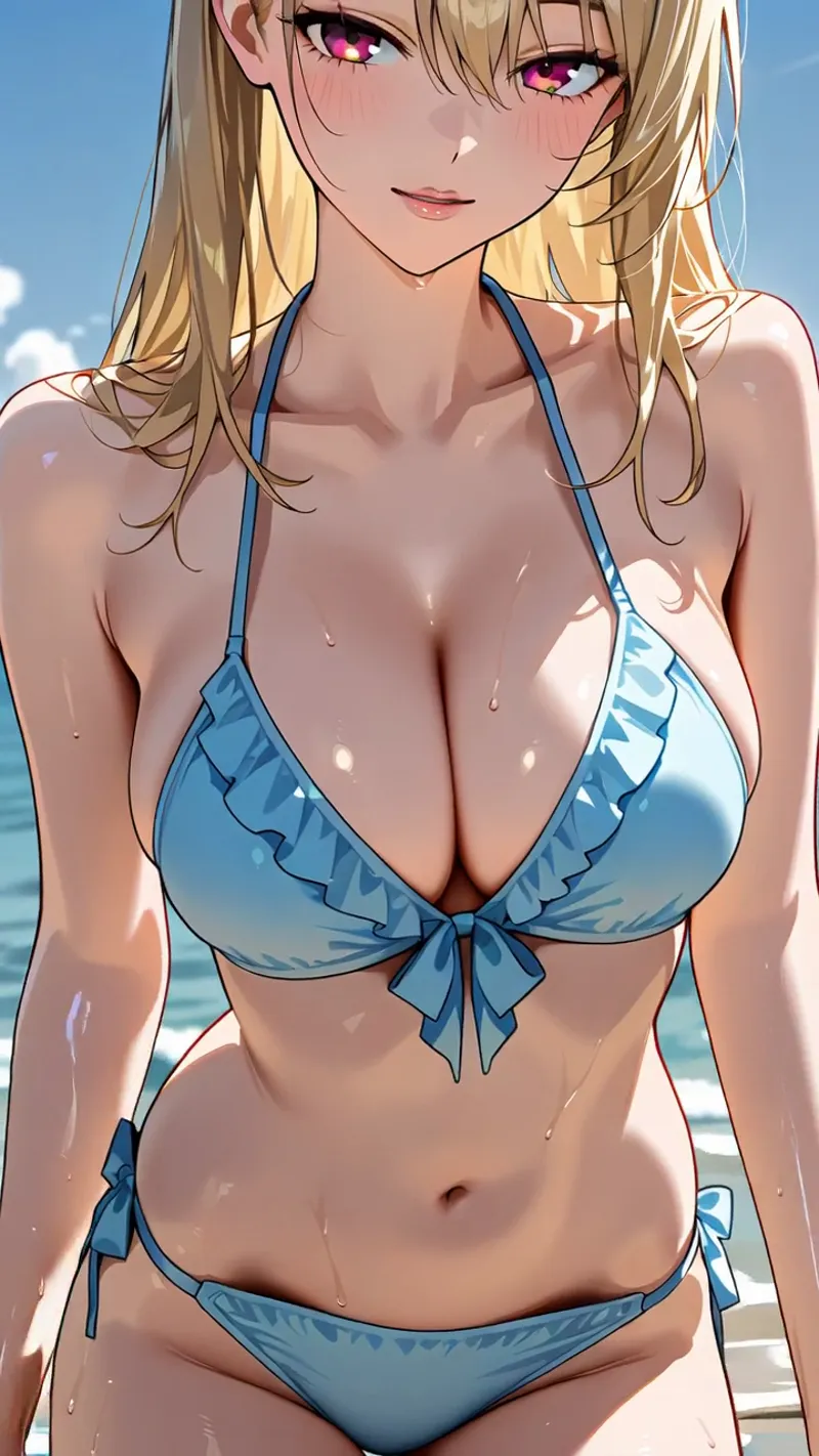 鮮やかなマゼンタ色の瞳と明るく流れるような金髪が特徴的な美少女のアニメ風イラスト。海の水平線を背景に青白いビキニを身に纏い、爽やかな夏の光と水滴の表現が印象的なポートレート作品です。