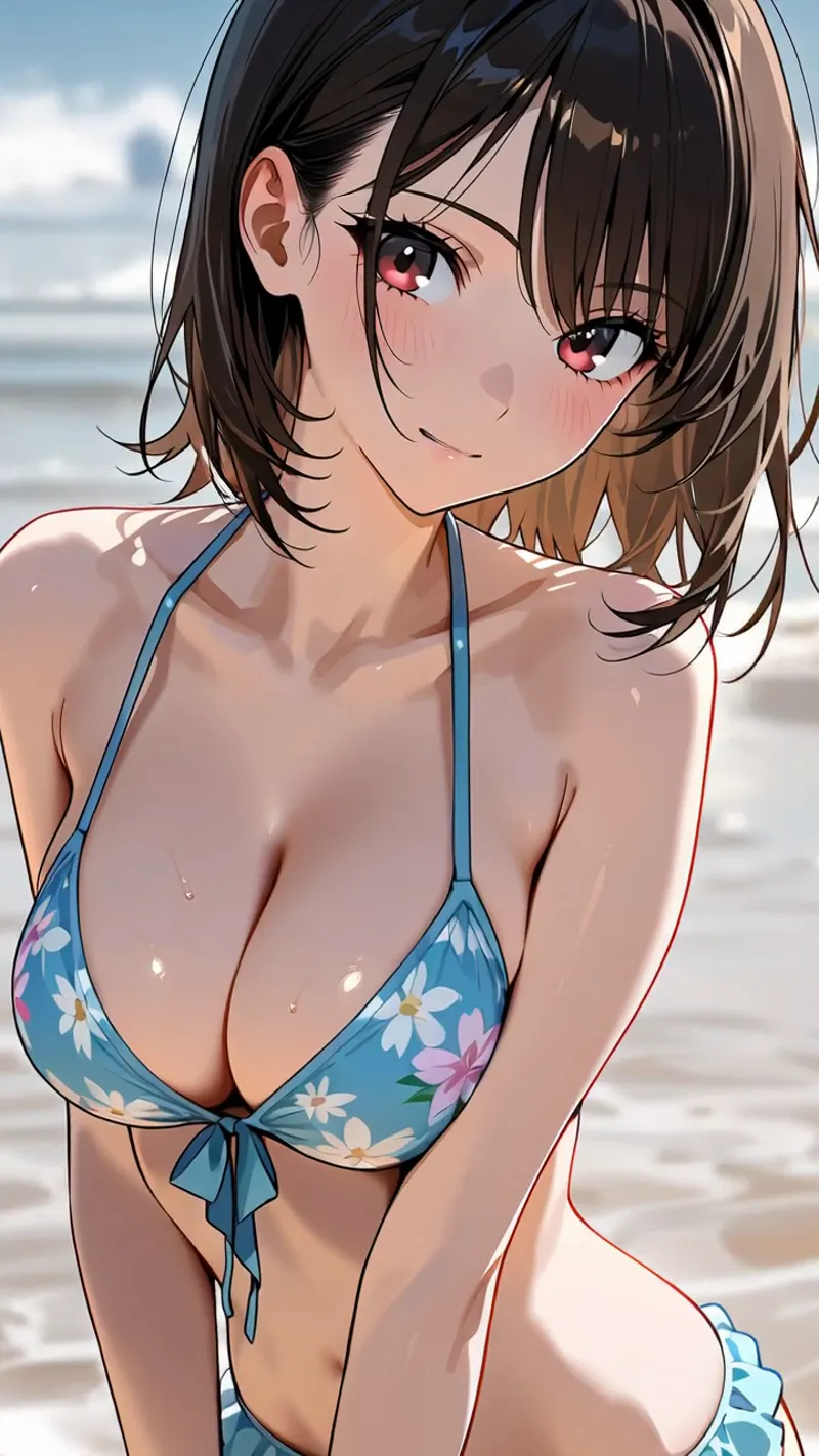青空と海を背景に、赤紫色の瞳が印象的な美少女が優しく微笑むアニメ調イラスト。花柄の青いビキニと黒髪のセミロングヘアで、夏のビーチでのリラックスした雰囲気を表現した一枚です。
