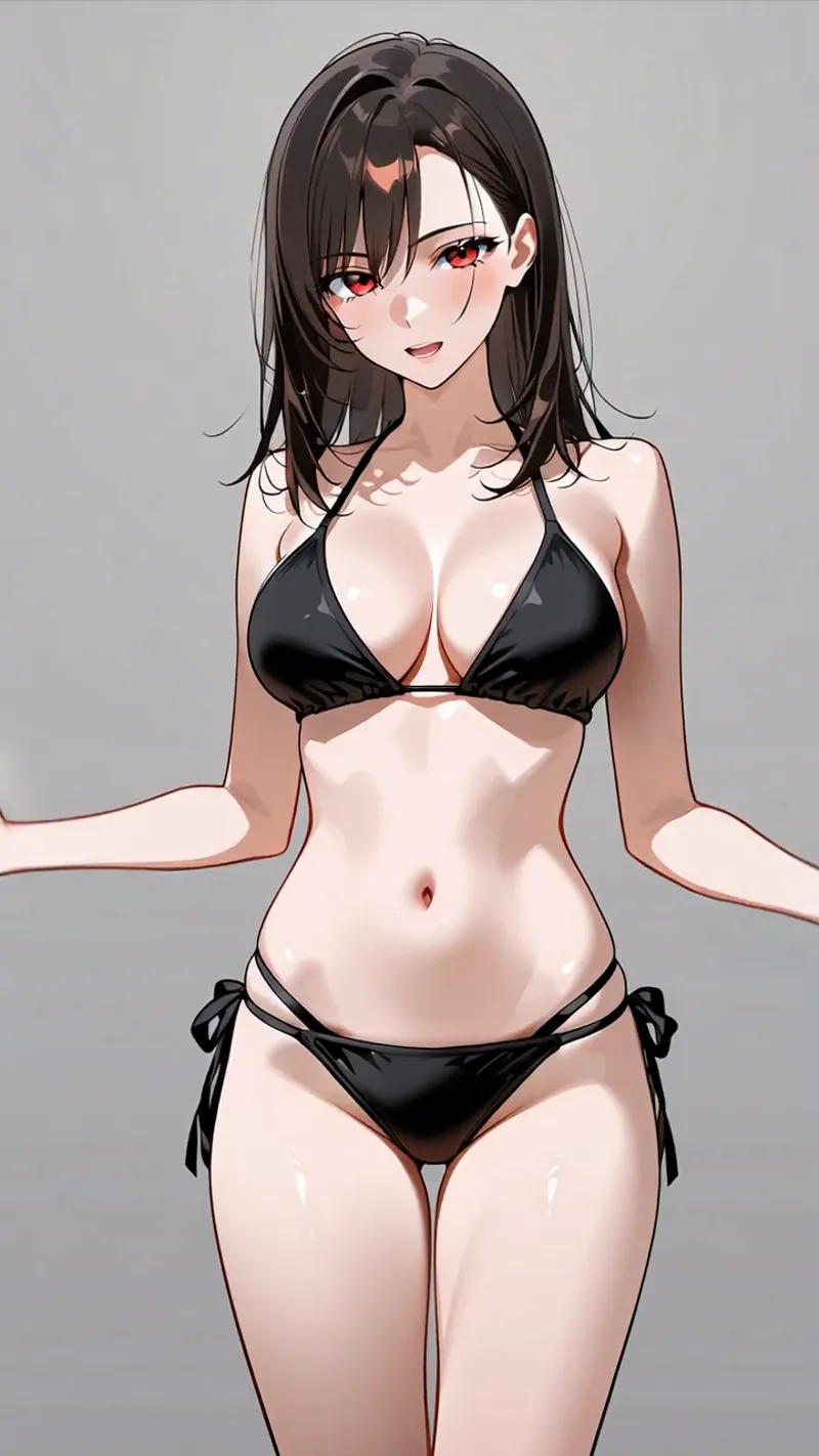 赤い瞳が印象的な黒髪の美少女を、シンプルな灰色背景でアニメ調タッチで描いたイラストです。柔らかい肌色と細部まで丁寧に描き込まれた髪の流れが、洗練された雰囲気を引き出しています。