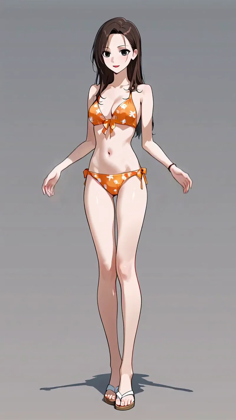 長く黒い髪と透き通った肌が魅力的なアニメ調美少女が、明るいオレンジ色の花柄ビキニで優雅に佇んでいます。グレーの背景の中で落ち着いた表情を見せる一枚です。