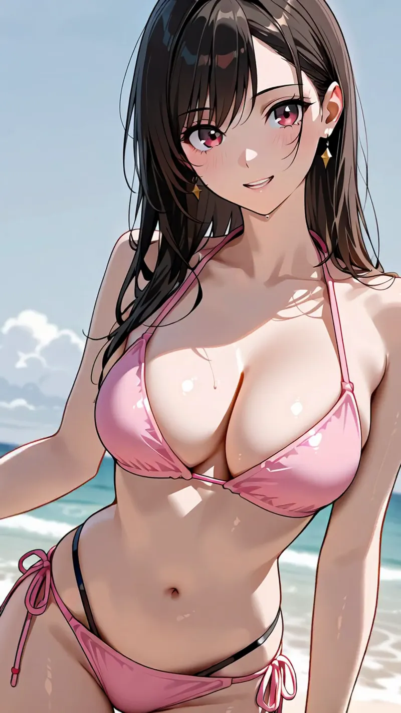 ピンクのビキニを身につけた黒髪の美少女が、青い海を背景に爽やかな笑顔を浮かべています。星型のピアスと白いハイライトが入った肌の質感が、夏の日差しを受ける浜辺の雰囲気を引き出しています。