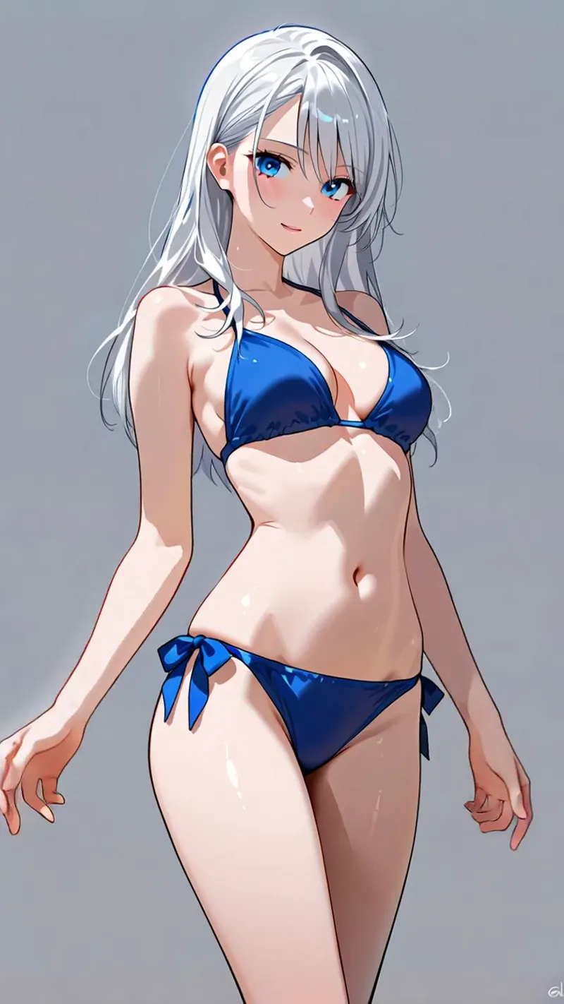 澄んだ青い瞳を持つ銀髪の美少女が、紺色のビキニ姿で微笑むアニメ調イラスト。柔らかなグラデーション背景に映える優雅な立ち姿と、細部まで丁寧に描かれた表情が特徴です。