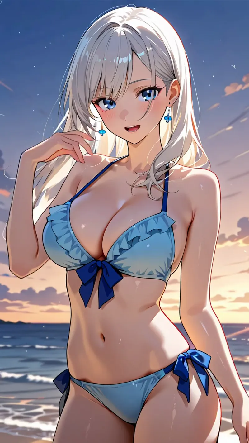 夕陽が輝く海辺を背景に、白く美しい長髪と青い瞳を持つ少女が微笑む。青いビーチウェアと青い耳飾りで統一されたアニメ調イラストで、夕焼け空の温かな色彩とのコントラストが印象的です。