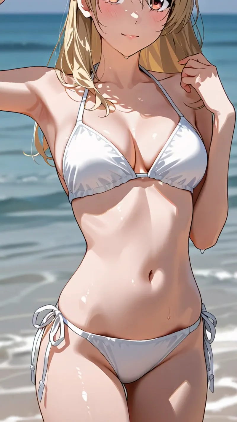 澄み切った海を背景に、白いビキニ姿の少女が日中の海岸に立つアニメ調イラストです。茶色く長い髪が風になびき、肌に当たる光と影が生き生きとした表情を引き出しています。